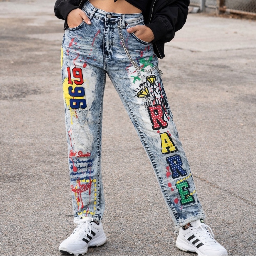 Rue 21 Premium Jeans Blue Design Patch Distressed Skinny Fit Denim Jeans 34 NWT